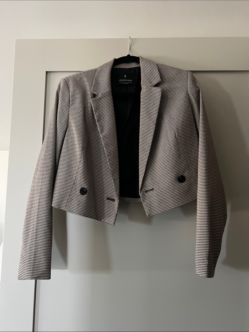 stradivarius Cropped Houndstooth Blazer - Black & White